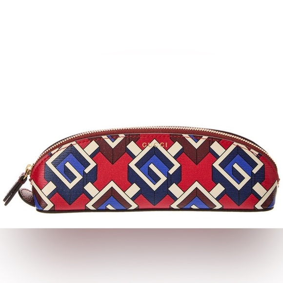 NEW Gucci Red and Blue Geometric Monogram Pattern Pouch Leather Pencil Case - Picture 1 of 6